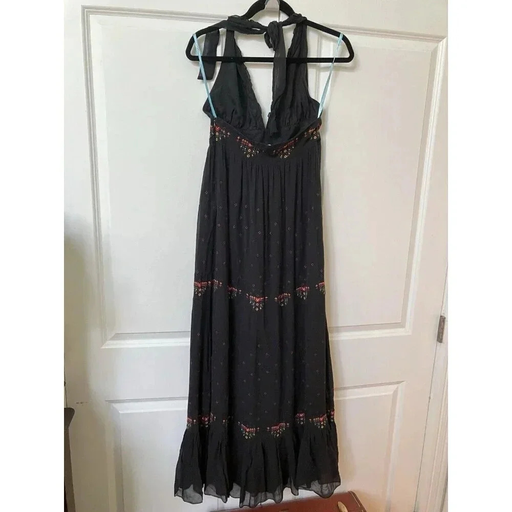 Marciano Silk Black Tiered Embroidered Halter Dress Womens Small Long Maxi - Picture 4 of 8